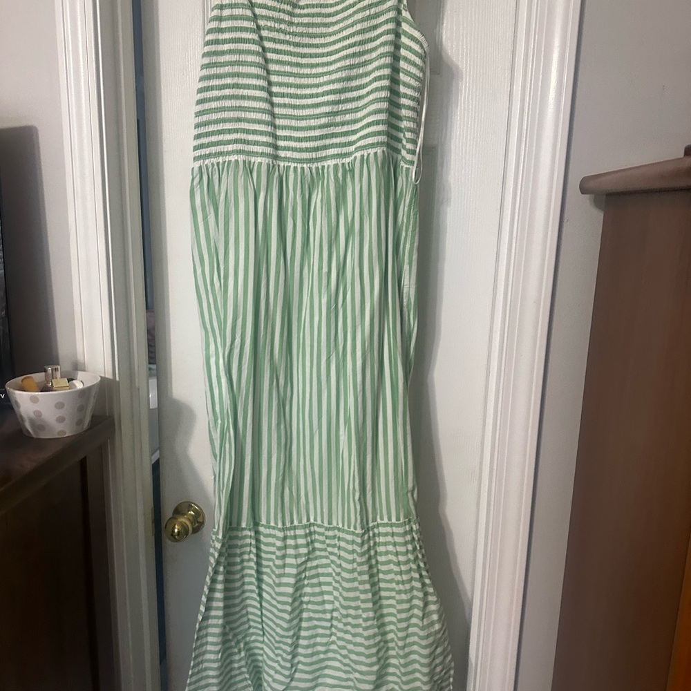 LOFT Green and White Striped Maxi Dress